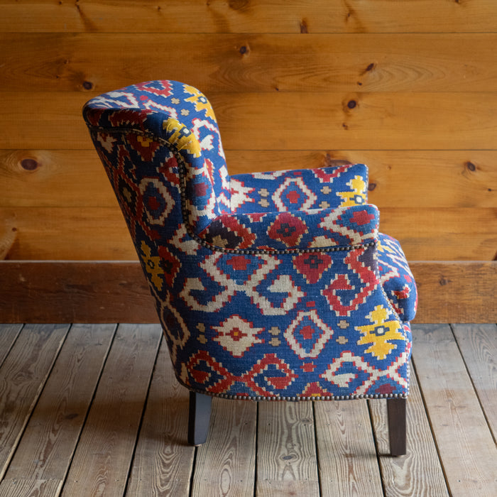 Petite Tightback Armchair Upholstered in Blue, Red, and Yellow Kilim Fabric, Profile View