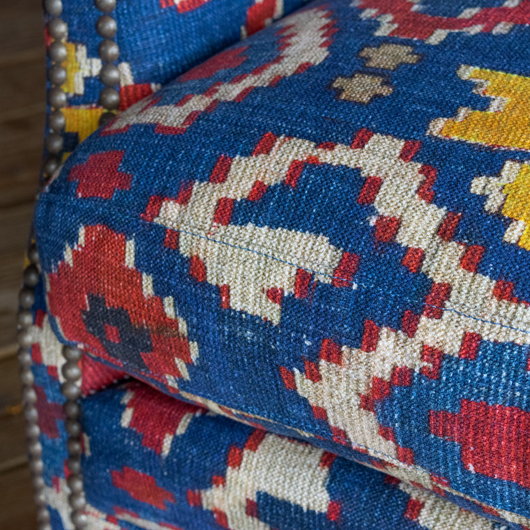 Petite Tightback Armchair Upholstered in Blue, Red, and Yellow Kilim Fabric, Back View