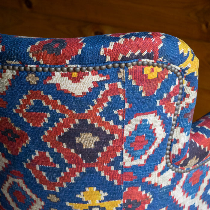 Petite Tightback Armchair Upholstered in Blue, Red, and Yellow Kilim Fabric, Nailhead Detail