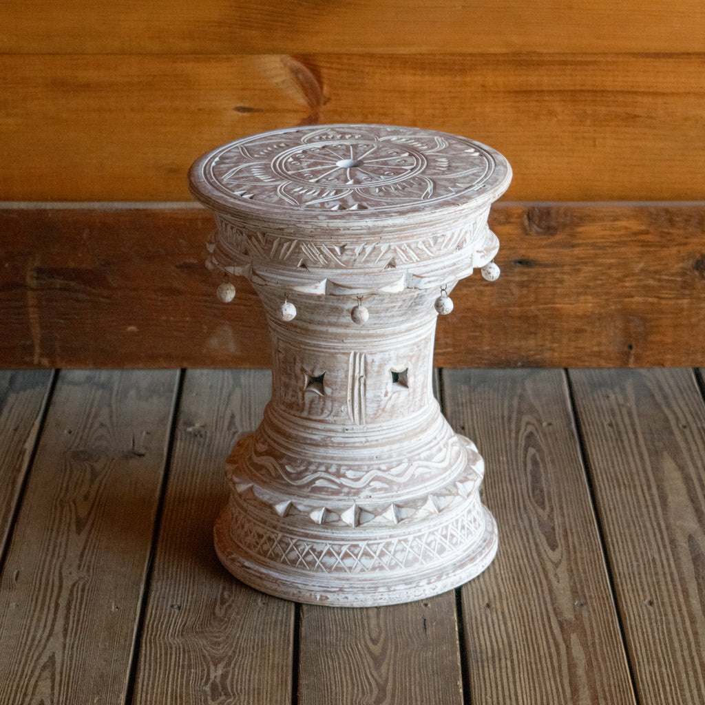 Small Decorative Whitewashed Terra Cotta Accent Table, Front View