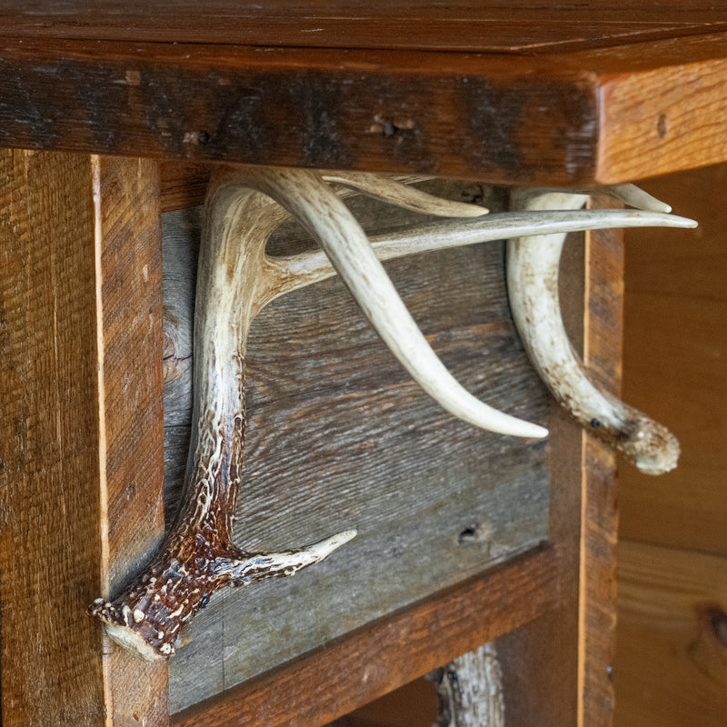 Reclaimed Barnwood Sideboard with Two Drawers, Antler Knobs, and Antler Decorations, Antler Detail