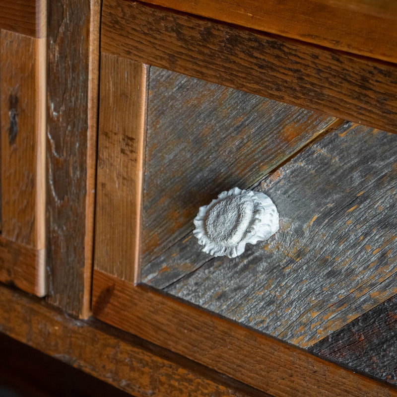 Reclaimed Barnwood Sideboard with Two Drawers, Antler Knobs, and Antler Decorations, Drawer Pull Knob Detail