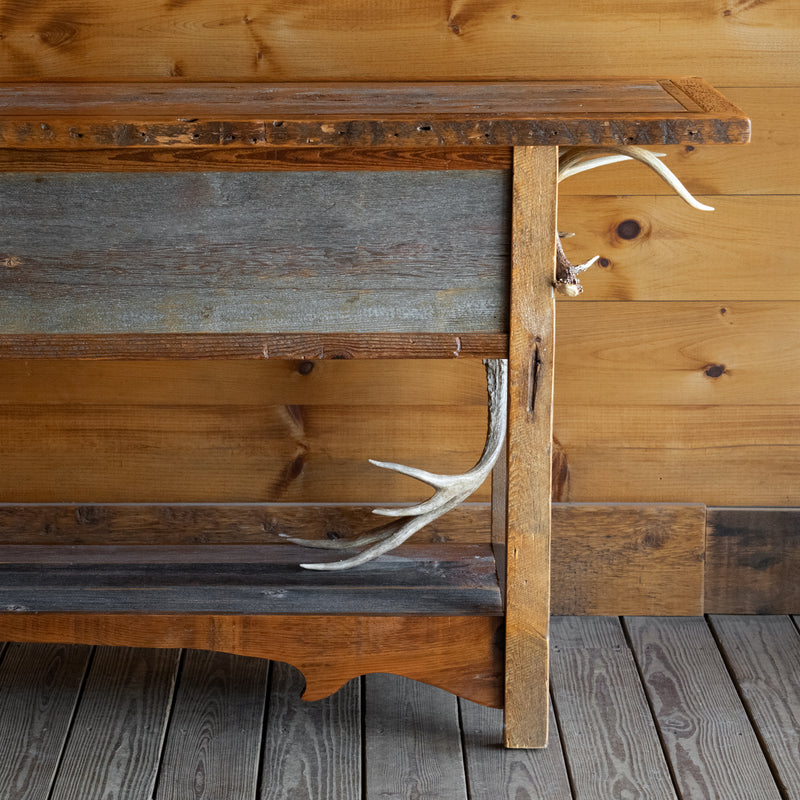 Reclaimed Barnwood Sideboard with Two Drawers, Antler Knobs, and Antler Decorations, Back Detail