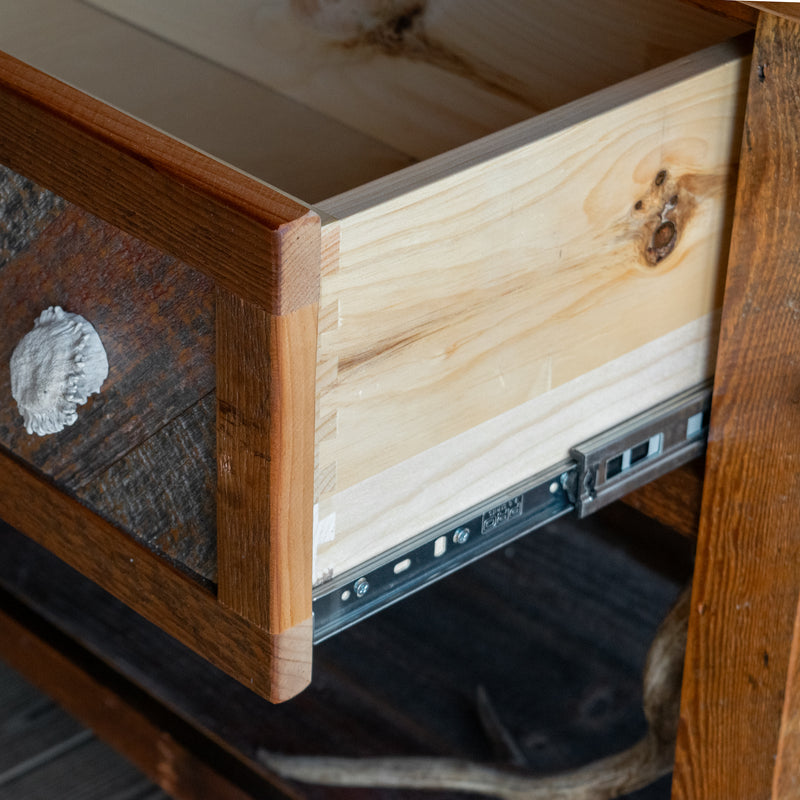 Reclaimed Barnwood Sideboard with Two Drawers, Antler Knobs, and Antler Decorations, Dovetail Drawer Detail