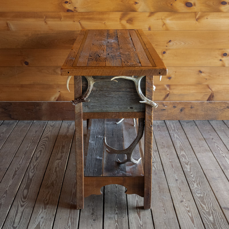 Reclaimed Barnwood Sideboard with Two Drawers, Antler Knobs, and Antler Decorations, Profile View