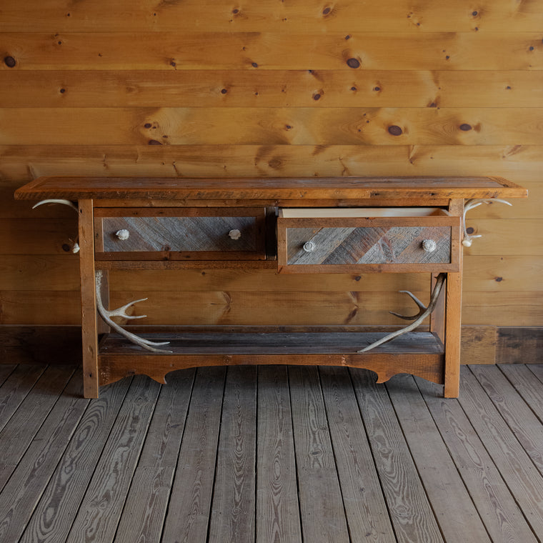 Reclaimed Barnwood Sideboard with Two Drawers, Antler Knobs, and Antler Decorations, Antler Detail