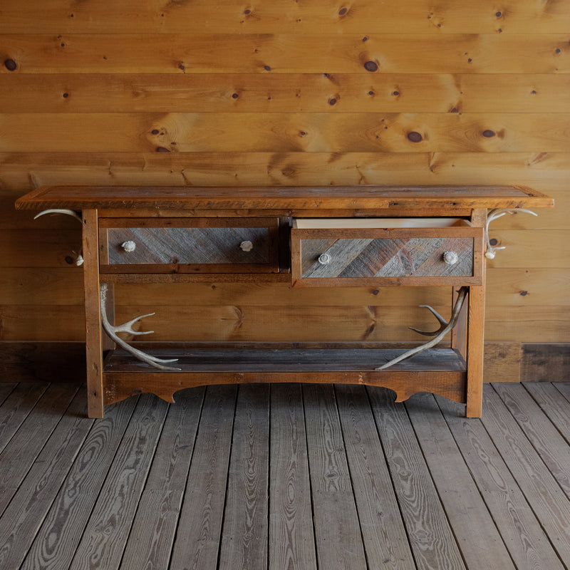 Reclaimed Barnwood Sideboard with Two Drawers, Antler Knobs, and Antler Decorations, Front View with Open Drawer