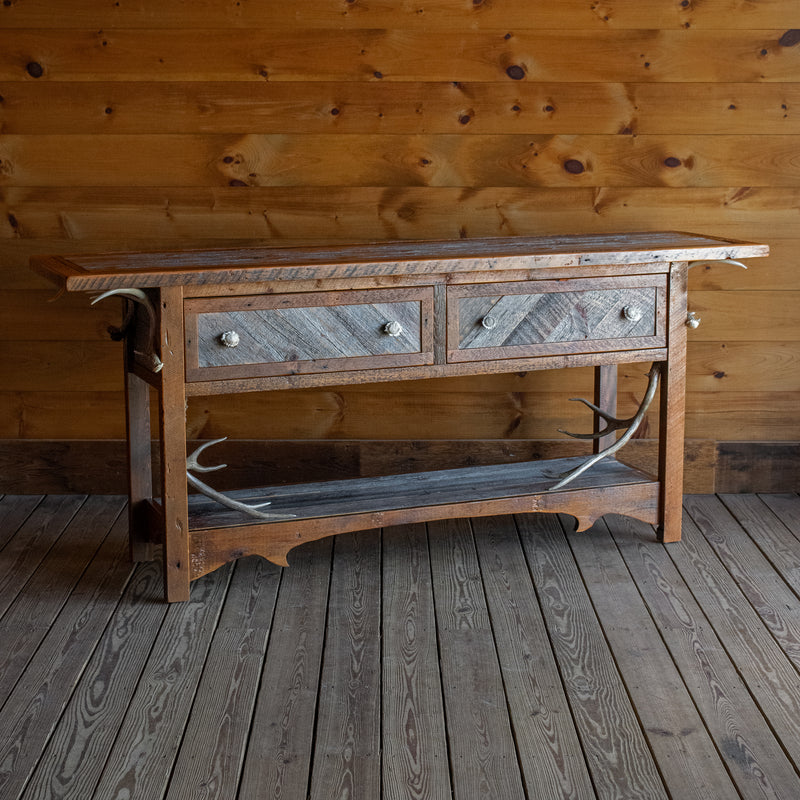 Reclaimed Barnwood Sideboard with Two Drawers, Antler Knobs, and Antler Decorations, Angled Front View