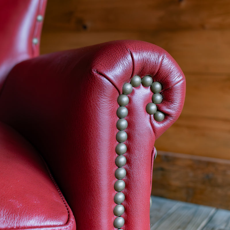 Red Leather Armchair with Rolled Arms and Tack Trim, Arm Detail