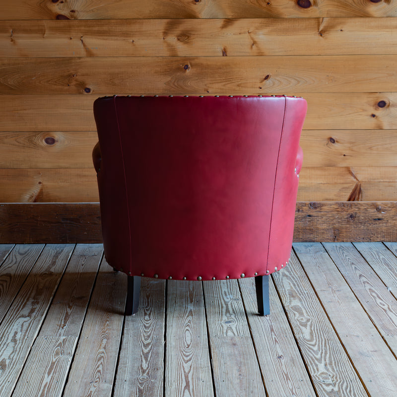 Red Leather Armchair with Rolled Arms And Tack Trim, Back View