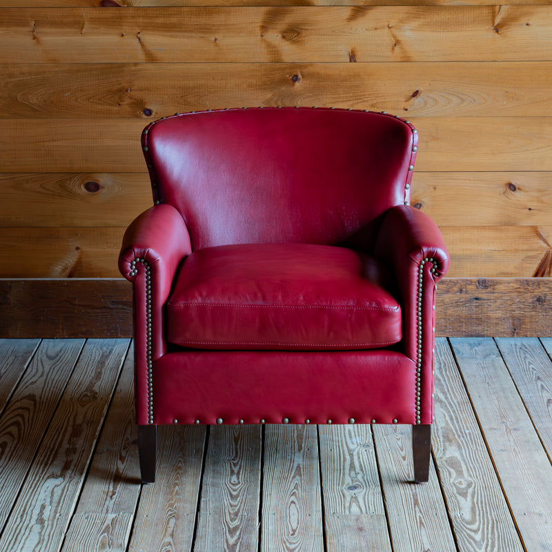 Red Lather Armchair With Rolled Arms and Tack Trim, Front View