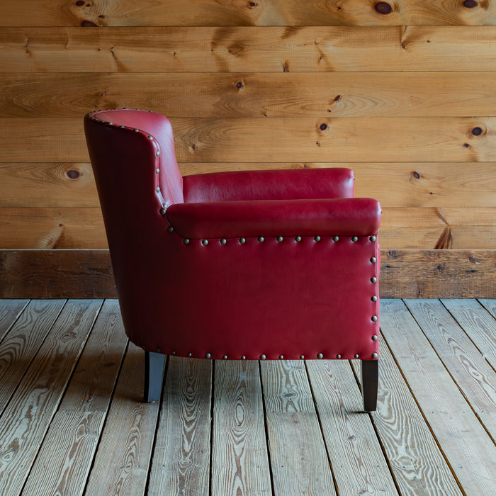 Red-Leather Armchair with Tack Trim and Rolled Arms, Profile View