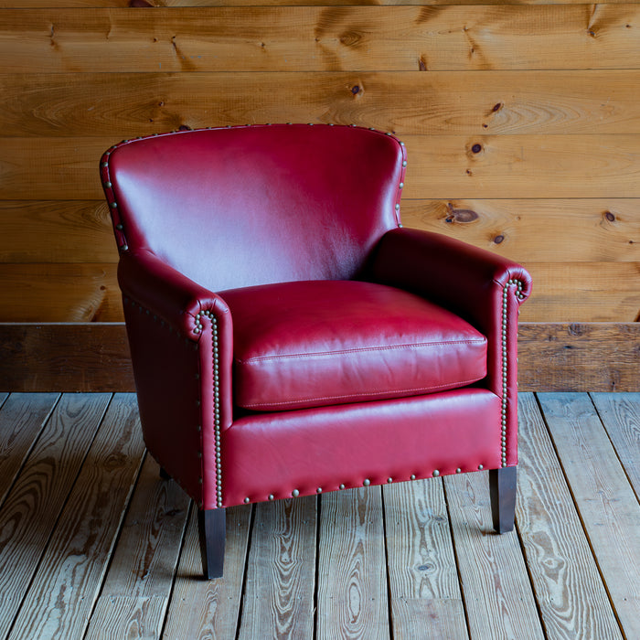 Red Leather Armchair With Rolled Arms and Tack Trim