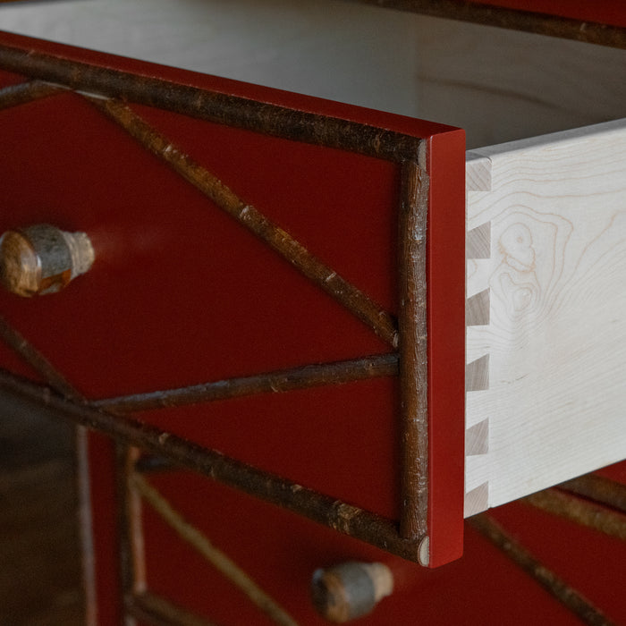 Red Painted Night Stand Dresser with Hickory Feet, Diamond Willow Details and Rough-Sawn Pine Top, Dovetail Drawer Detail