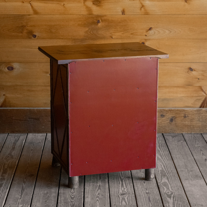 Red Painted Night Stand Dresser with Hickory Feet, Diamond Willow Details and Rough-Sawn Pine Top, Angled Back View