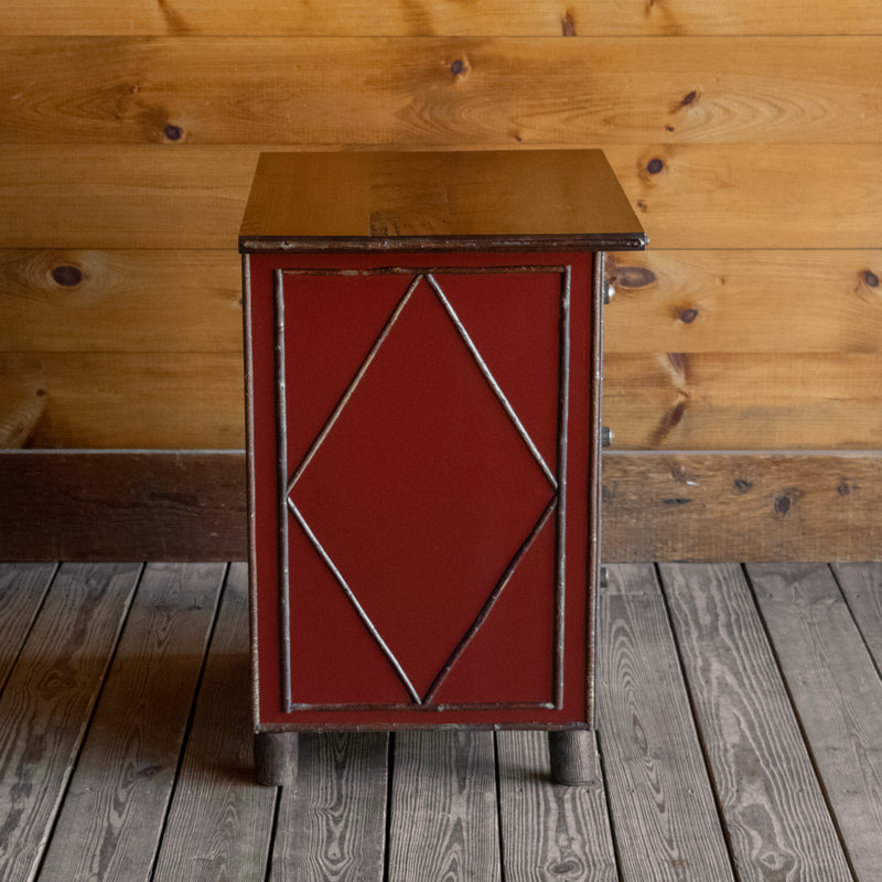 Red Painted Night Stand Dresser with Hickory Feet, Diamond Willow Details and Rough-Sawn Pine Top, Profile View