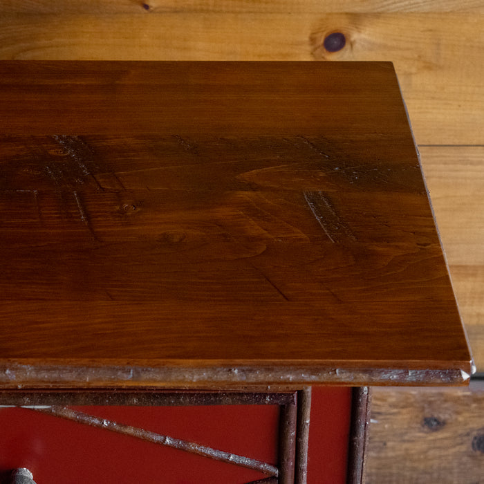 Red Painted Night Stand Dresser with Hickory Feet, Diamond Willow Details and Rough-Sawn Pine Top, Top Detail