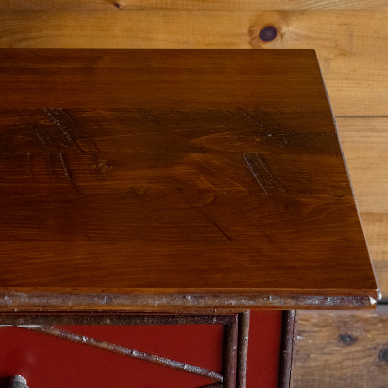 Red Painted Night Stand Dresser with Hickory Feet, Diamond Willow Details and Rough-Sawn Pine Top, Angled Back View