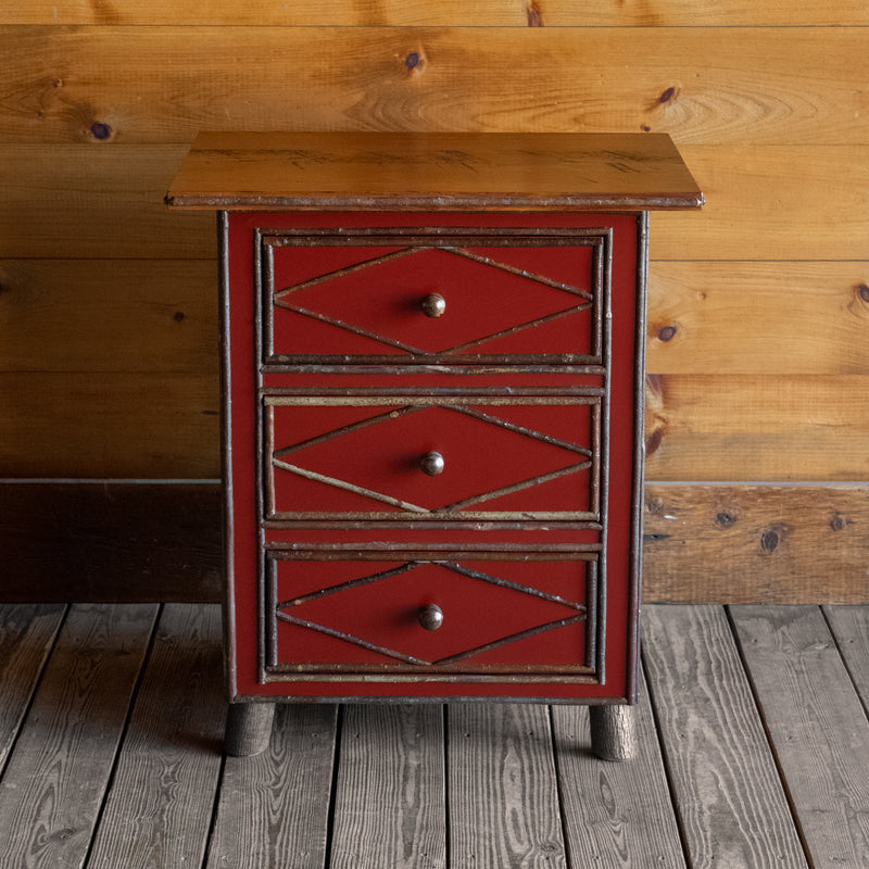 Red Painted Night Stand Dresser with Hickory Feet, Diamond Willow Details and Rough-Sawn Pine Top, Front View