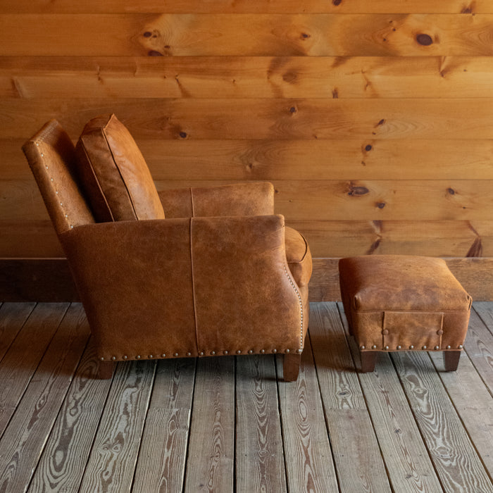 Rustic Distressed Brown Leather Lounge Chair & Ottoman with Nailhead Trim, Profile View