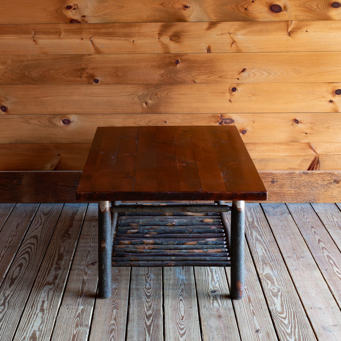 Rustic Coffee Table with Rough-Sawn Pine Top and Hickory Base with Spindle Shelf, End View