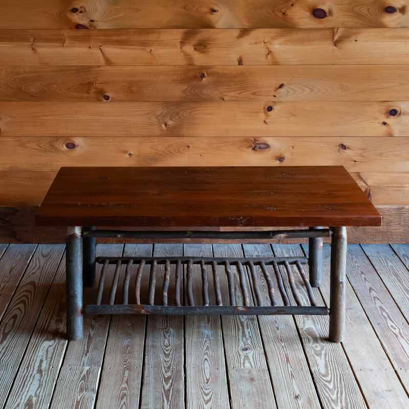 Rustic Coffee Table with Rough-Sawn Pine Top and Hickory Base with Spindle Shelf, Front View