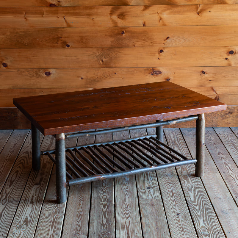 Rustic Coffee Table with Rough-Sawn Pine Top and Hickory Base with Spindle Shelf, Angled Front View