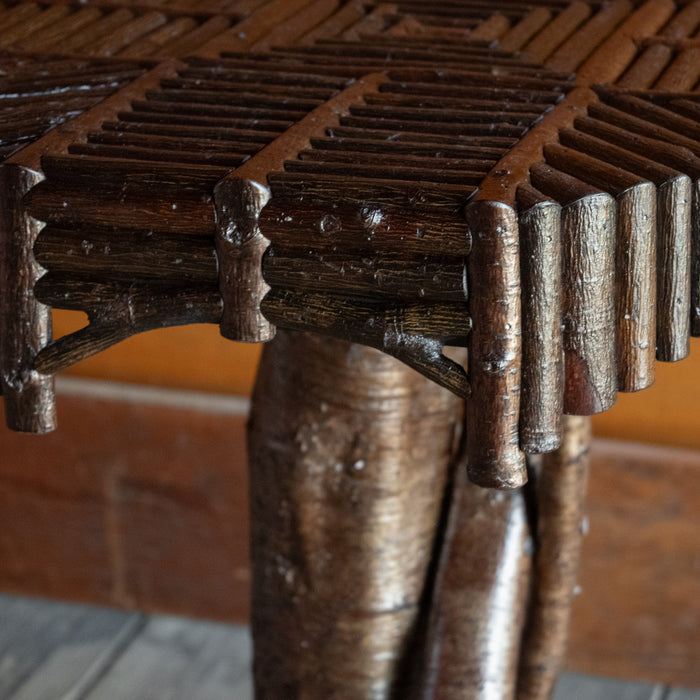 Handcrafted Rustic Root Base Side Table with Octagonal Mosaic Top, Apron Detail