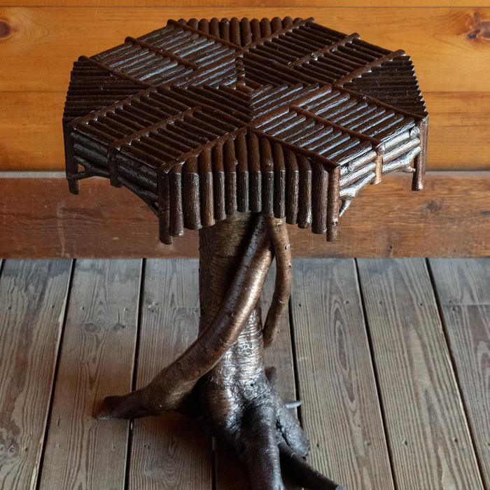 Handcrafted Rustic Root Base Side Table with Octagonal Mosaic Top, Top View