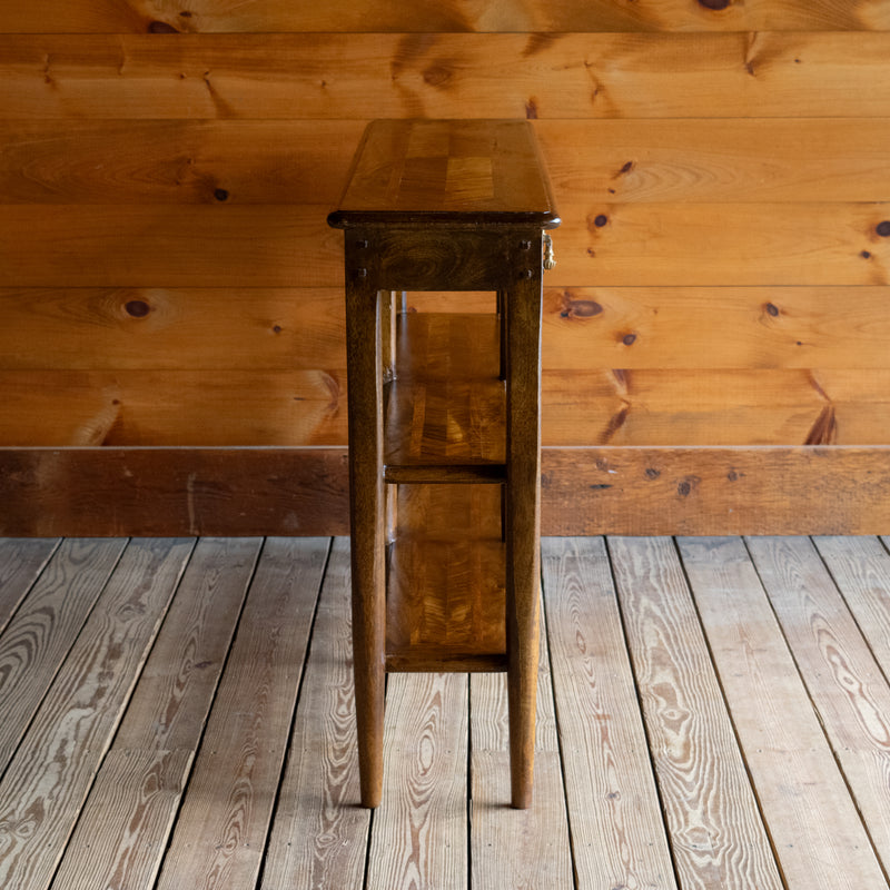 Rustic Narrow Entryway Table with Four Drawers and Full-Length Shelves, Profile View