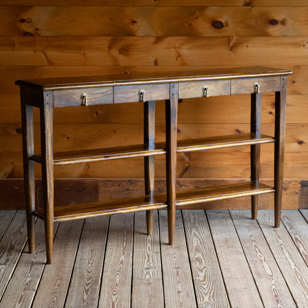 Rustic Narrow Entryway Table with Four Drawers and Full-Length Shelves, Angled Front View