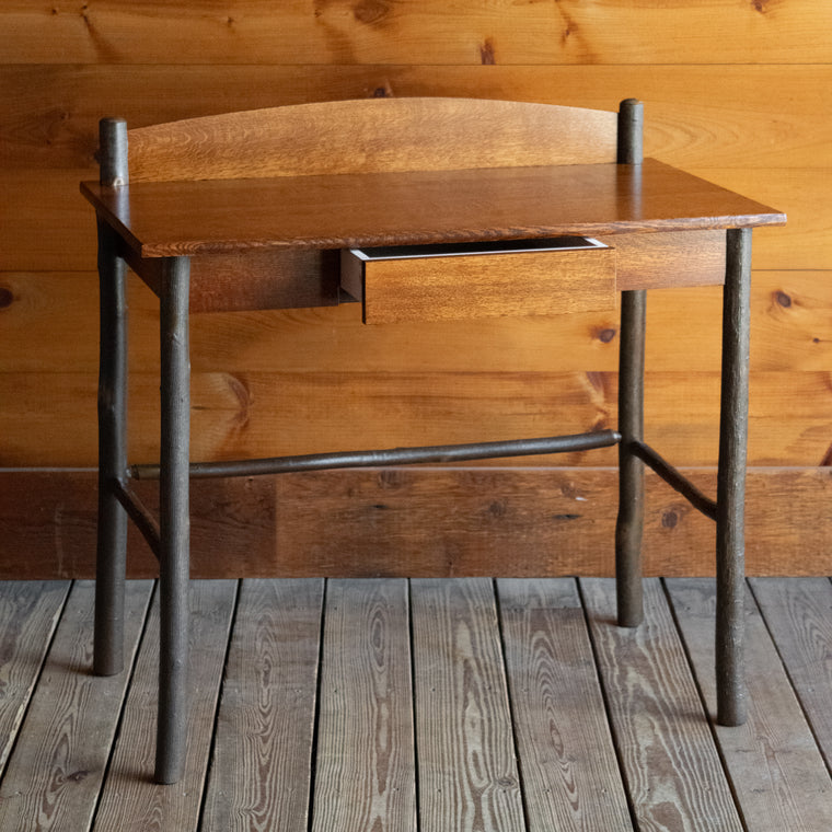 Rustic Oak & Hickory Writing Desk with Drawer, Back View