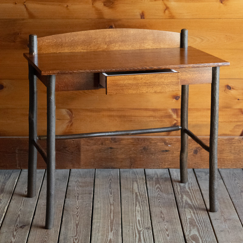 Rustic Oak & Hickory Writing Desk with Drawer, Angled Front View with Open Drawer