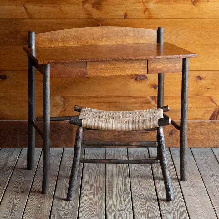 Rustic Oak & Hickory Writing Desk with Drawer, Angled Front View with Stool