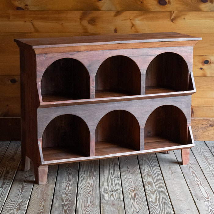 Rustic Reclaimed Wood Cubby with Six Open Compartments, Angled Front View