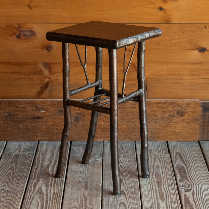 Rustic Side Table with Branch Legs and Shelf with Hardwood Top, Top Detail