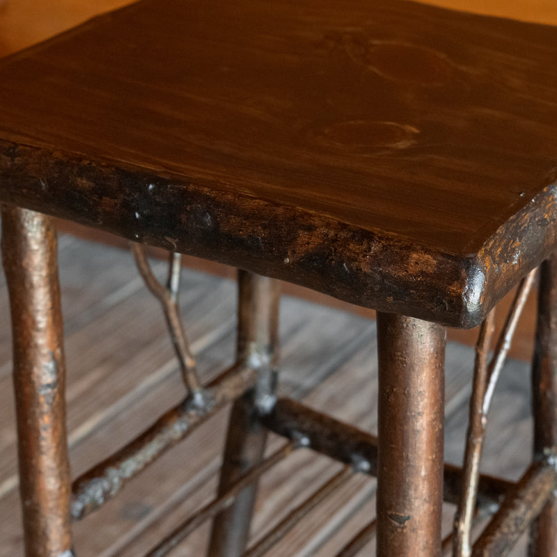 Rustic Side Table with Branch Legs and Shelf with Hardwood Top, Top Detail