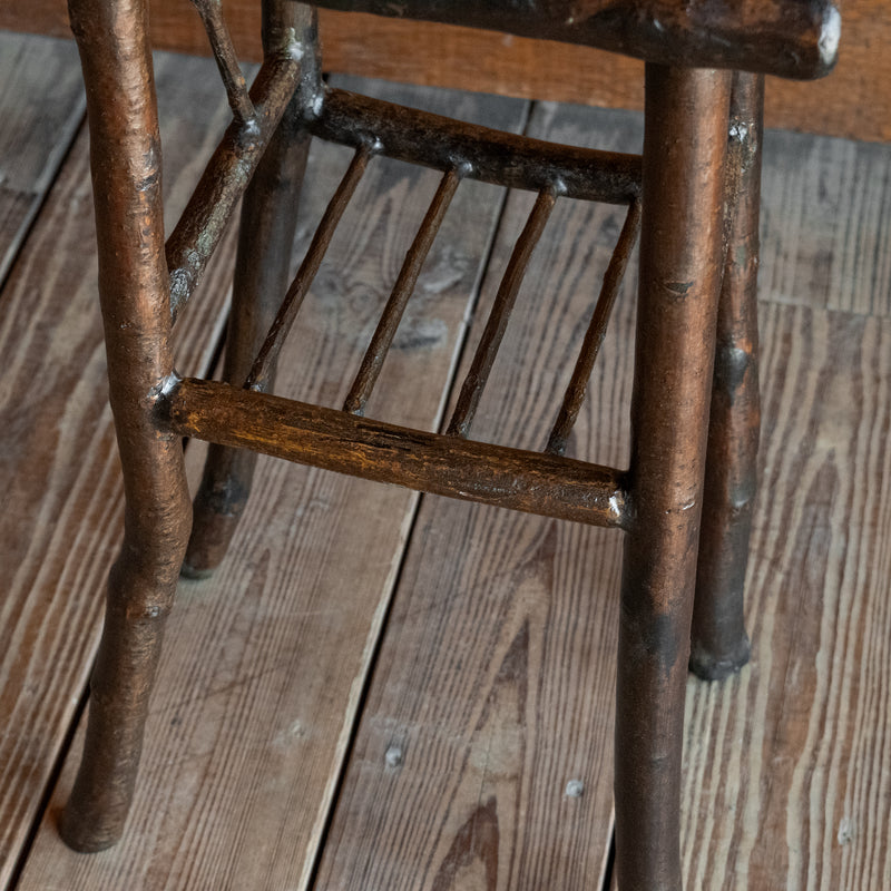 Rustic Side Table with Branch Legs and Shelf with Hardwood Top, Shelf Detail