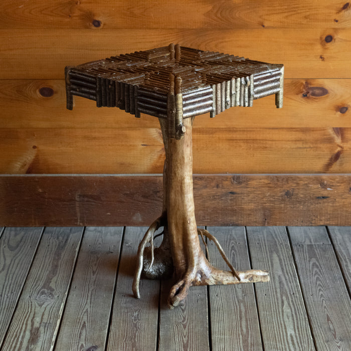 Handcrafted Rustic Root Base Side Table with Square Mosaic Top, Front View