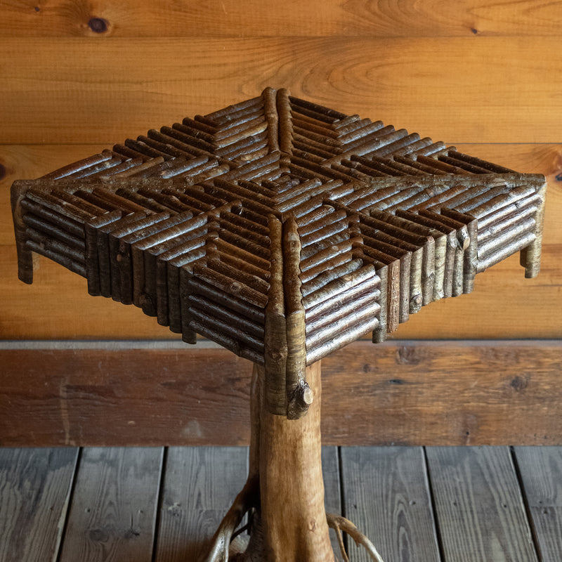 Handcrafted Rustic Root Base Side Table with Square Mosaic Top, Top View