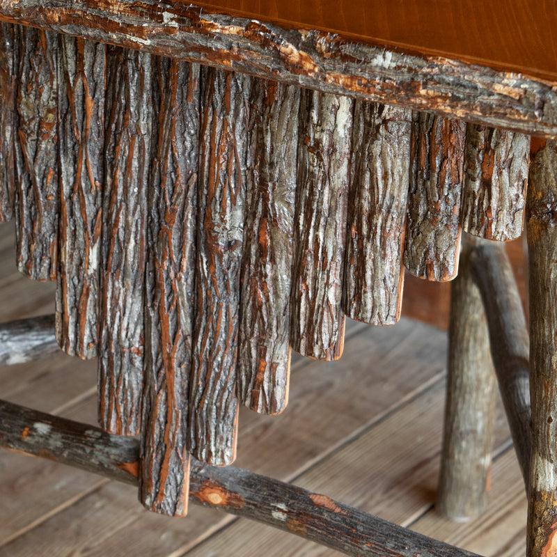 Triangle Corner Table with Hickory Log Legs, Stretchers, and Bark Decoration, Bark Detail