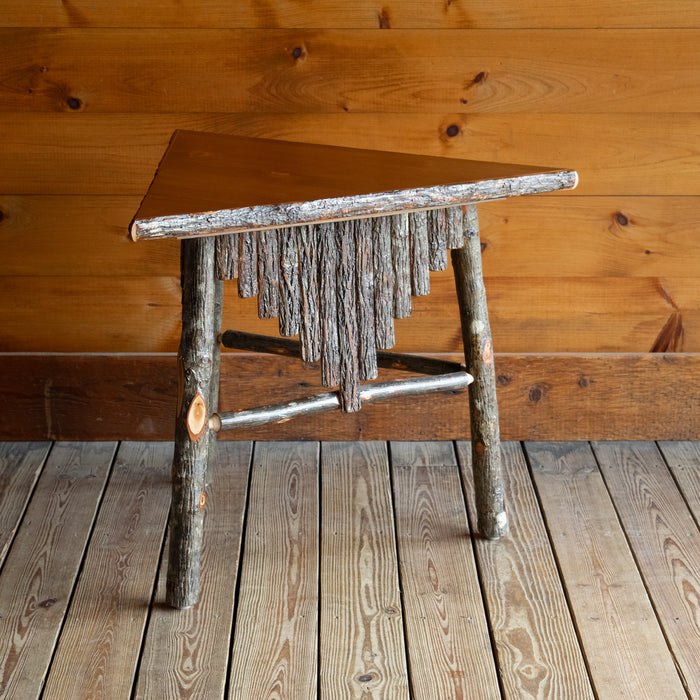 Triangle Corner Table with Hickory Log Legs, Stretchers, and Bark Decoration, Front View