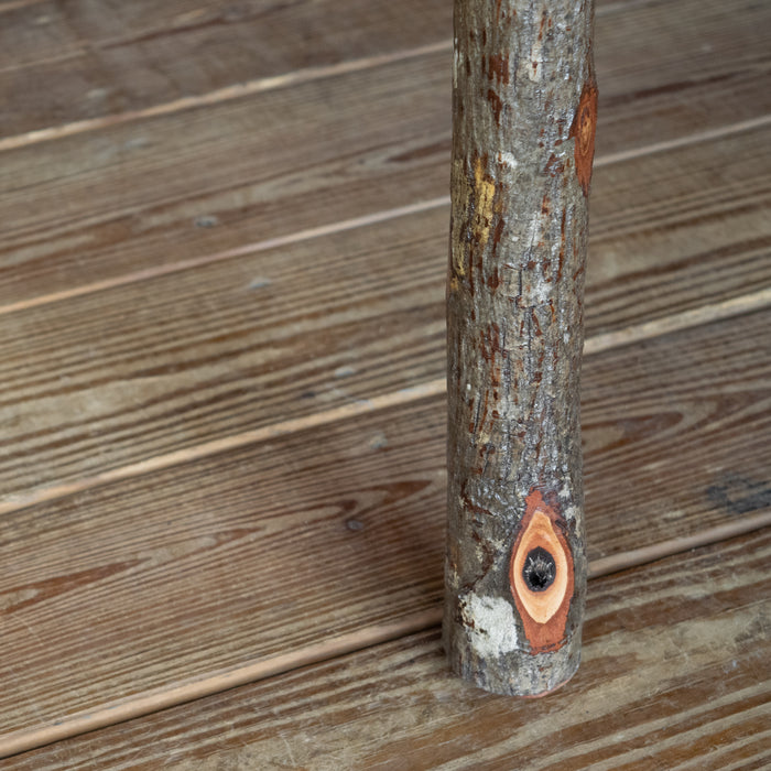 Triangle Corner Table with Hickory Log Legs, Stretchers, and Bark Decoration, Leg Detail