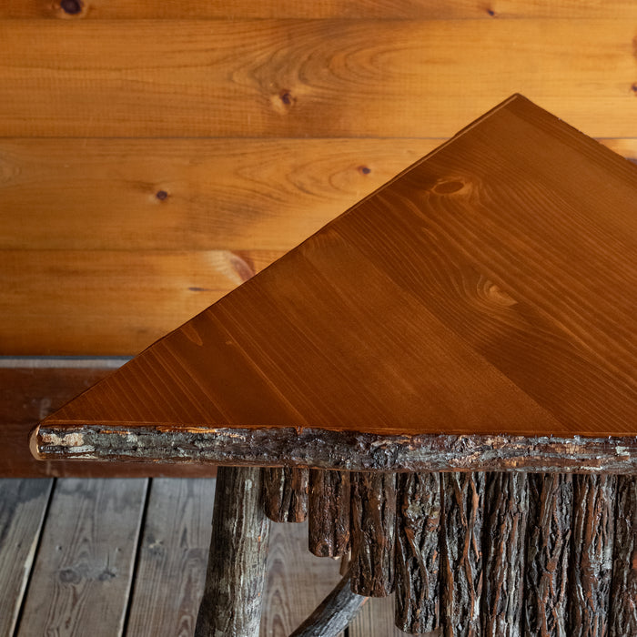 Triangle Corner Table with Hickory Log Legs, Stretchers, and Bark Decoration, Top Detail