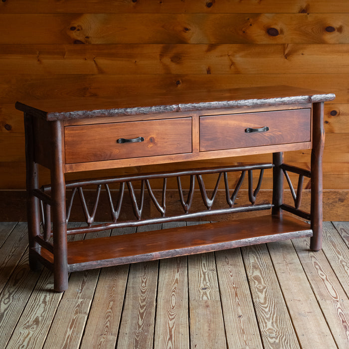 Handcrafted Hickory and Pine Rustic Console Table with Two Drawers and Lower Shelf, Angled Front View