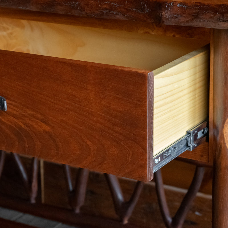 Handcrafted Hickory and Pine Rustic Console Table with Two Drawers and Lower Shelf, Drawer Glide Detail