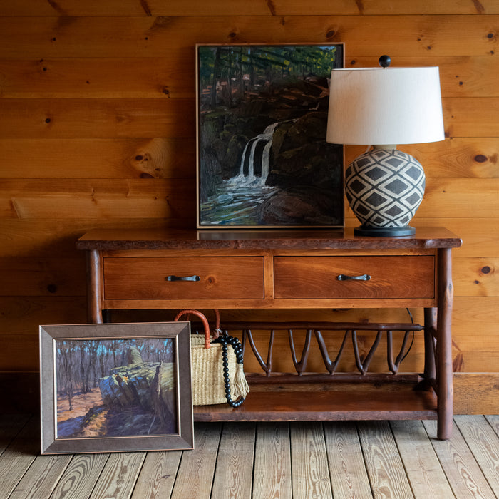 Handcrafted Hickory and Pine Rustic Console Table with Two Drawers and Lower Shelf, Front View with Decor