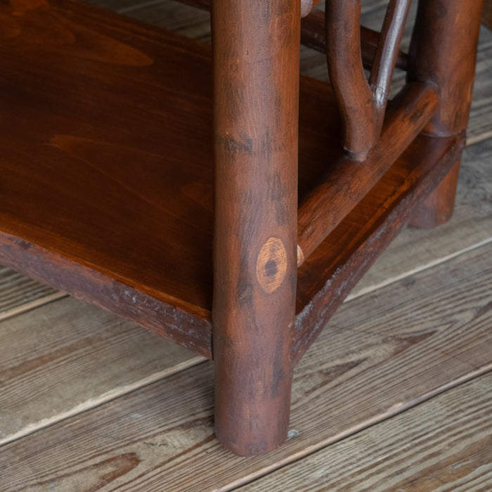 Handcrafted Hickory and Pine Rustic Console Table with Two Drawers and Lower Shelf, Leg Detail