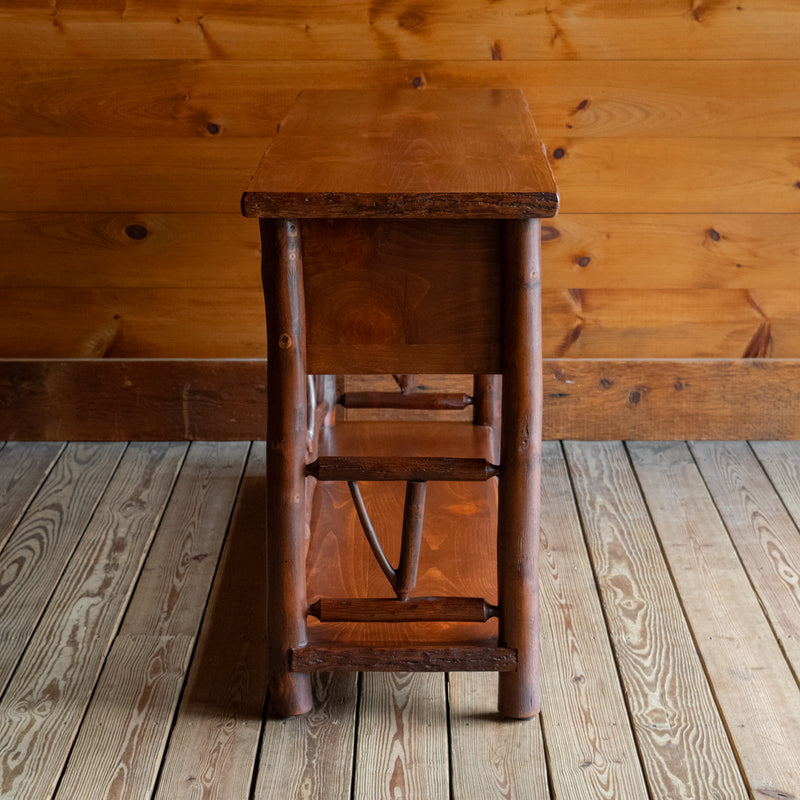 Handcrafted Hickory and Pine Rustic Console Table with Two Drawers and Lower Shelf, Profile View