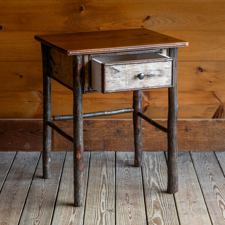 Rustic Adirondack Pine, Hickory, White Birch, and Willow Stand with One Drawer, Back View